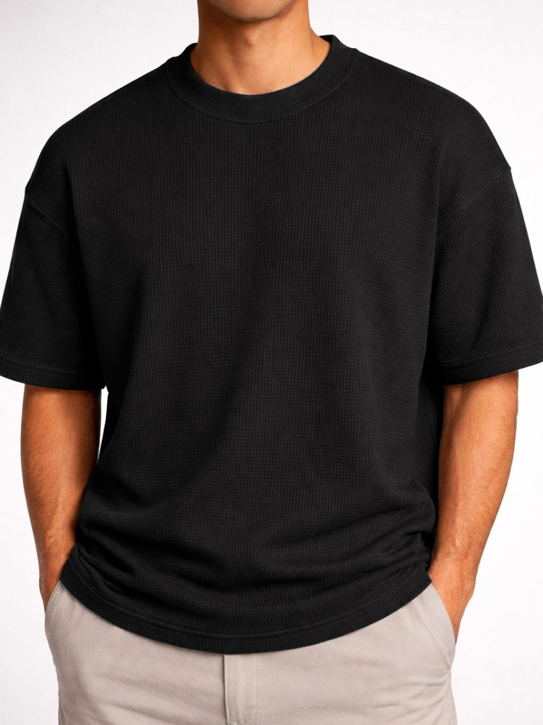 Black - Cotton Blend Waffle Drop Shoulder Tee