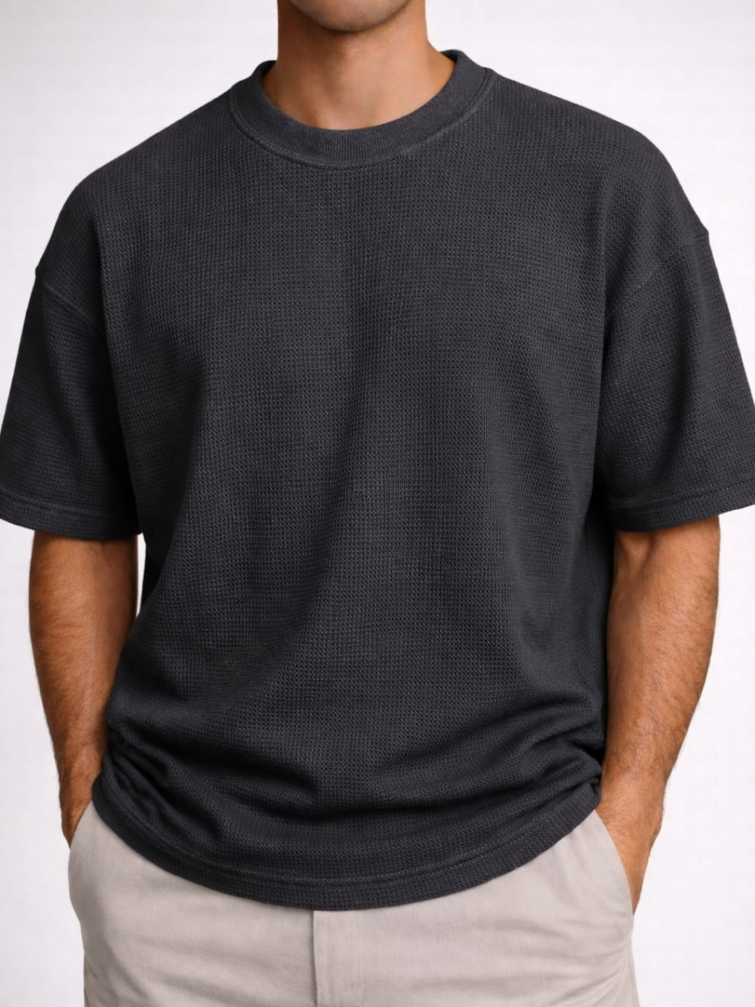 Charcoal - Cotton Blend Waffle Drop Shoulder Tee
