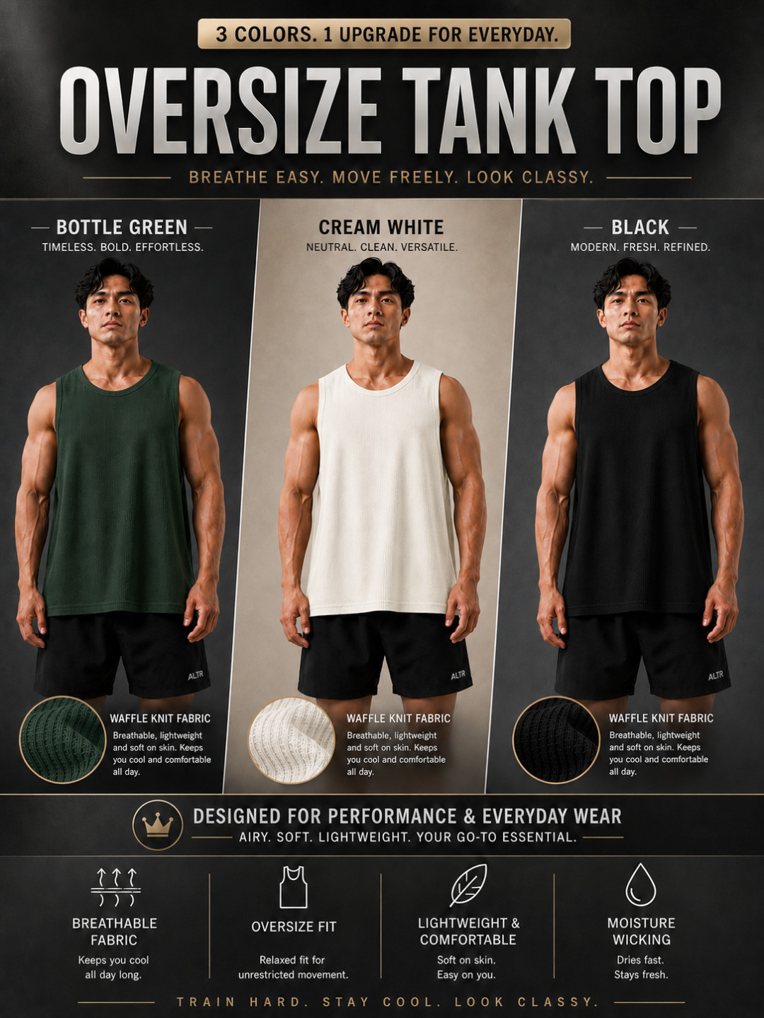 Green, Cream, Black - Oversize Tank Top Combo (3 pcs)