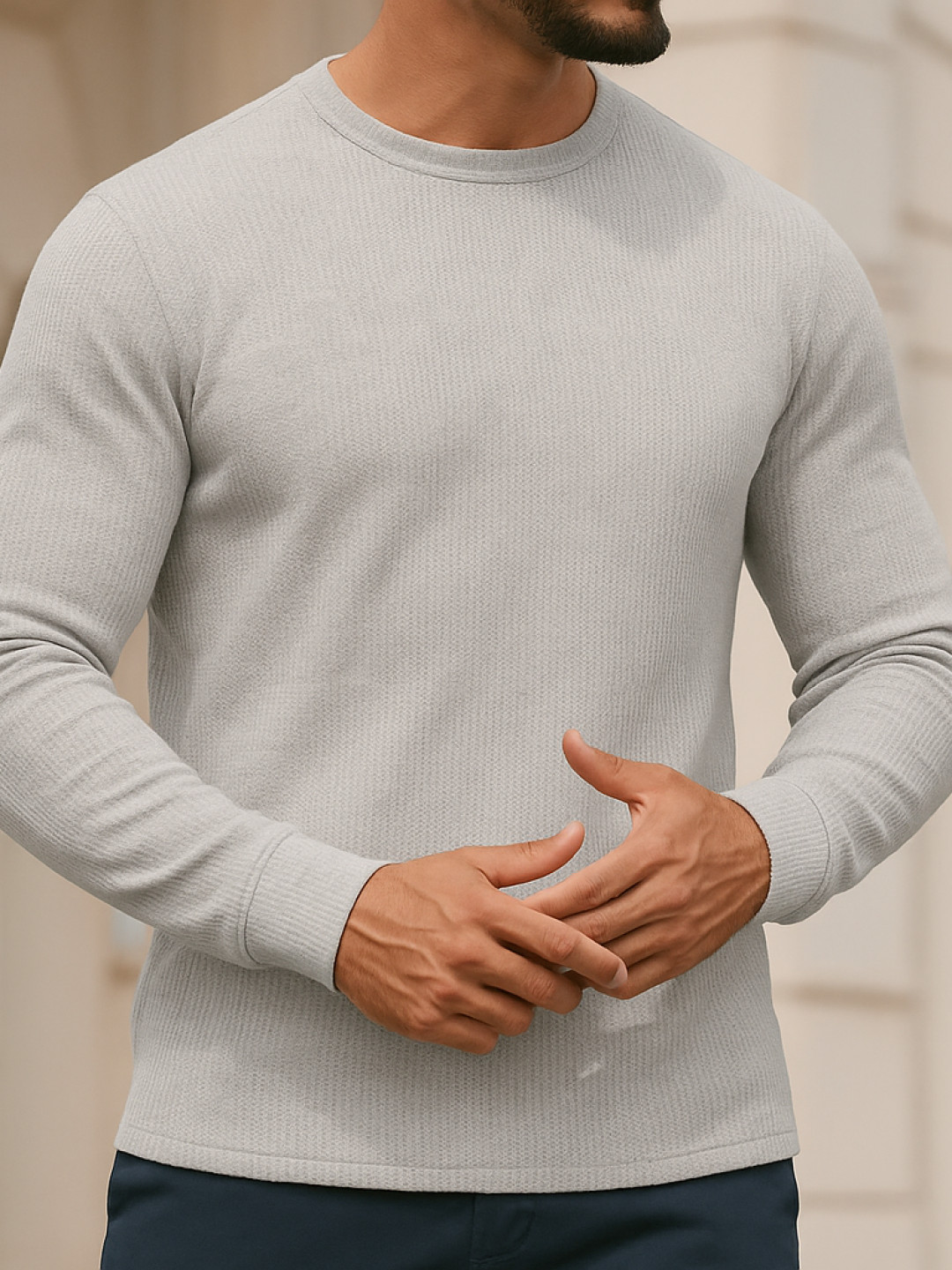 Grey Melange - WAffle Full Sleeve Tees