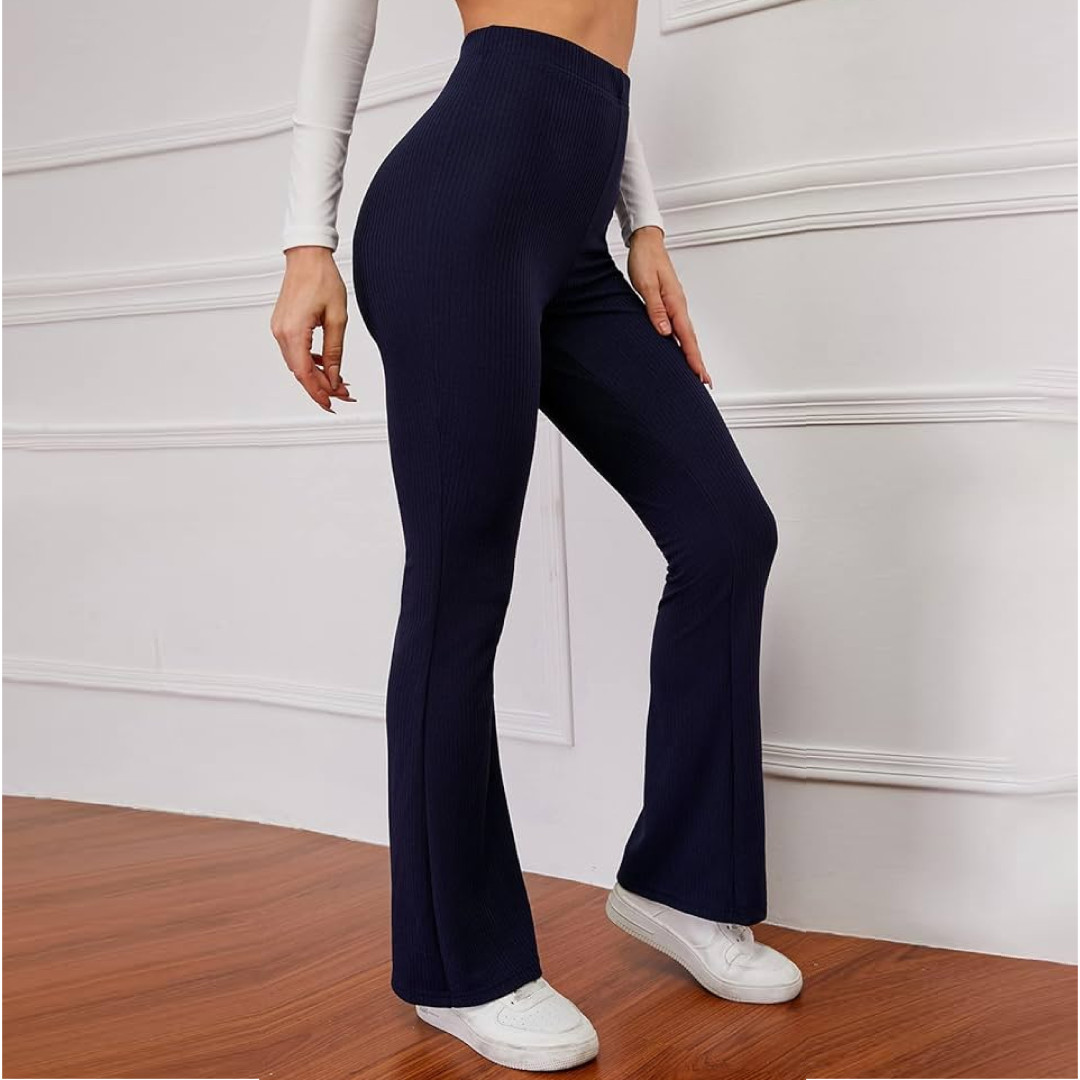 High-rise waist ribbed Flare Pant - Dark Navy