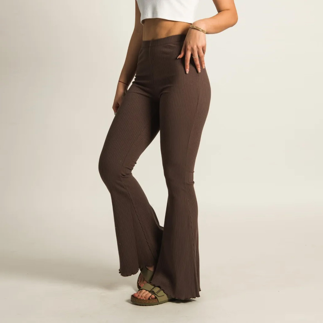 High-rise waist ribbed flare pant with bottom design - COFFEE