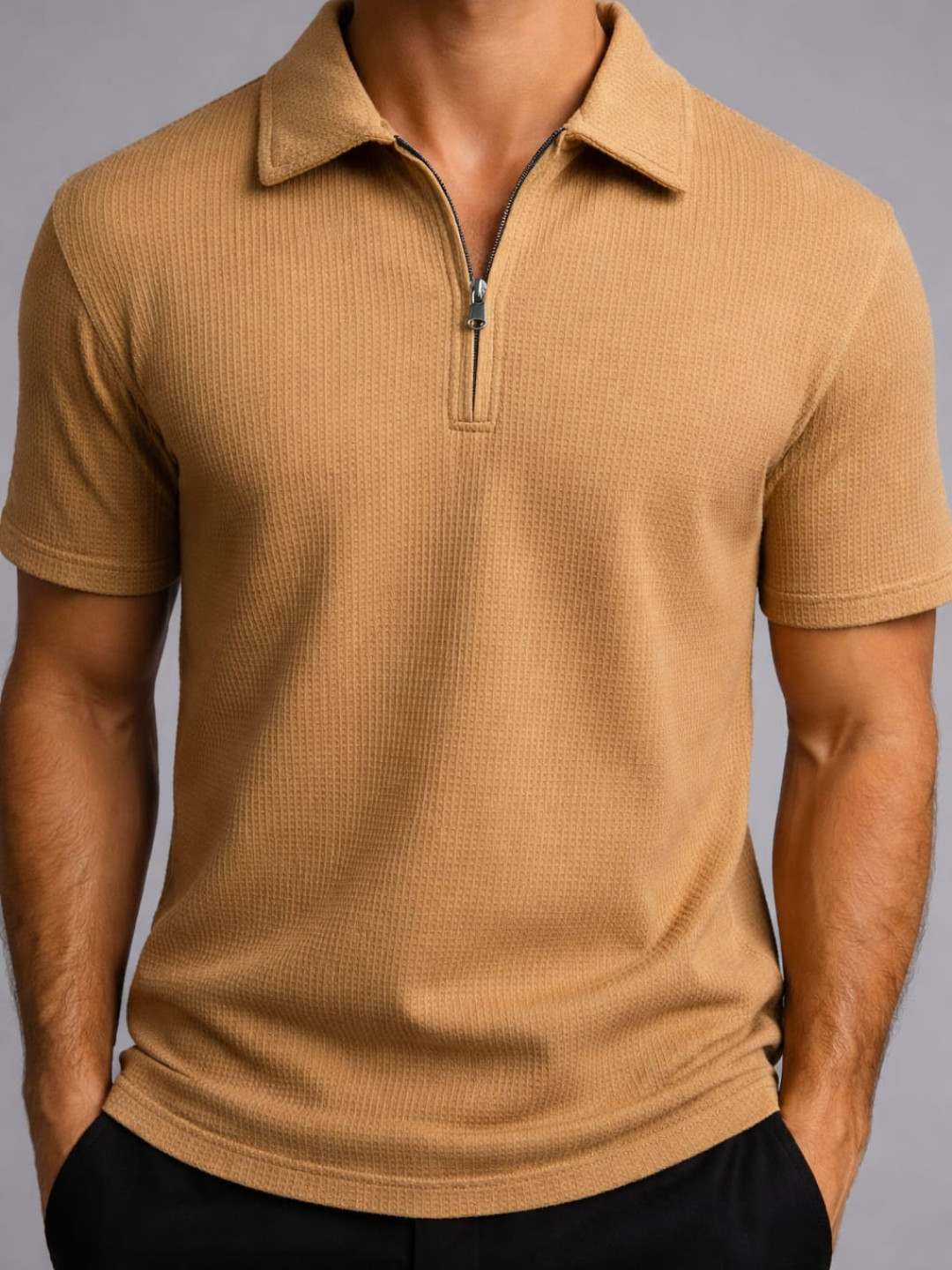 Jacquard Textured Old Money Polo Shirt Zipper Neck - Dark Beige