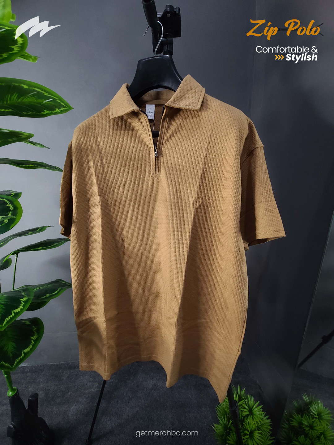 Jacquard Textured Old Money Polo Shirt Zipper Neck - Dark Beige