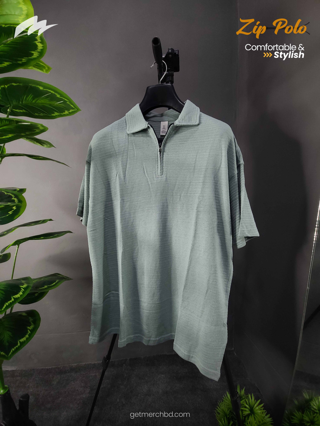 Jacquard Textured Old Money Polo Shirt Zipper Neck - Pista