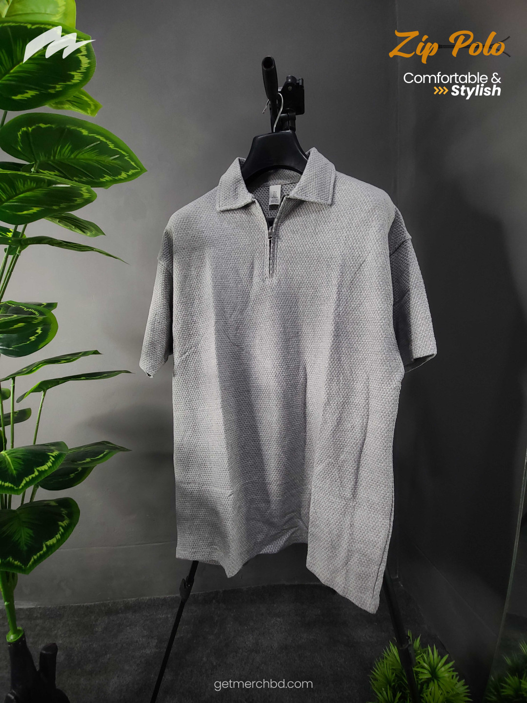 Jacquard Textured Old Money Polo Shirt Zipper Neck - Silver Grey