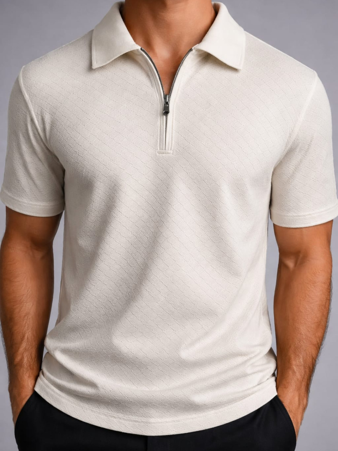 Jacquard Textured Old Money Polo Shirt Zipper Neck - White