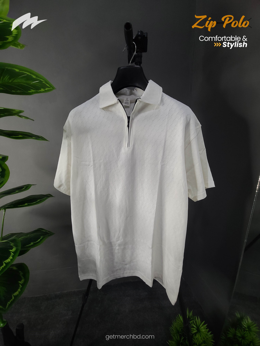 Jacquard Textured Old Money Polo Shirt Zipper Neck - White