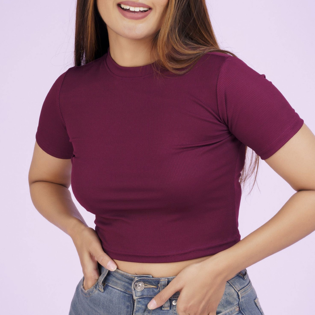 Short Sleeve Ribbed Crop Top - Maroon