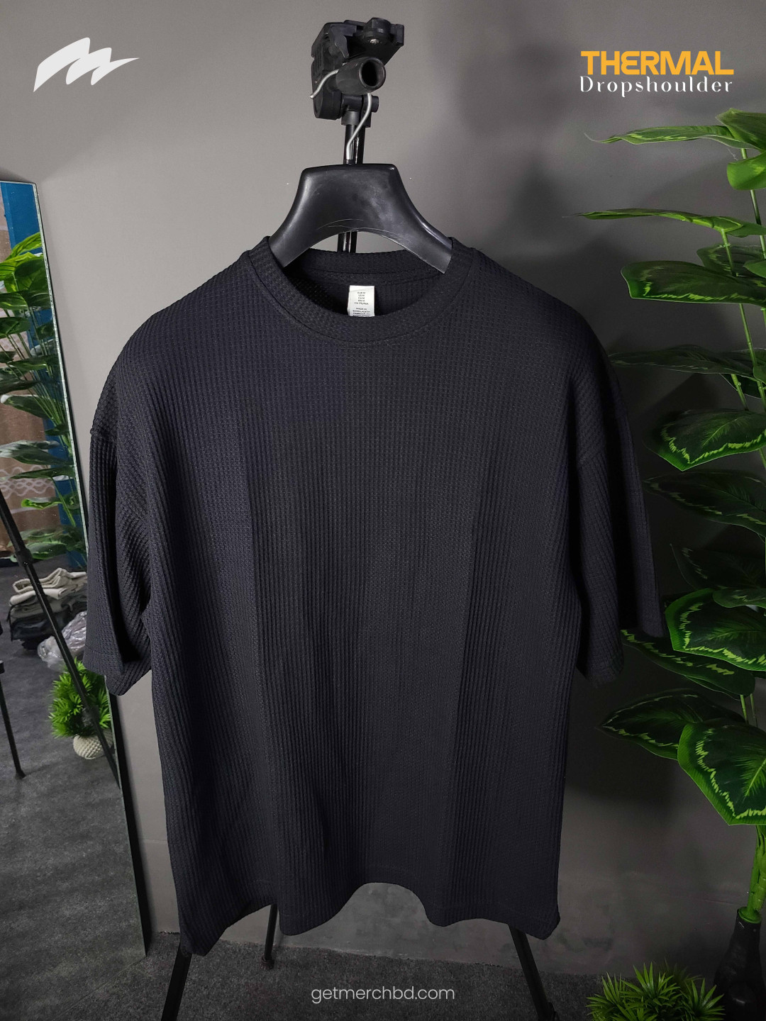 Waffle Knitted Drop Shoulder T-Shirt - Black