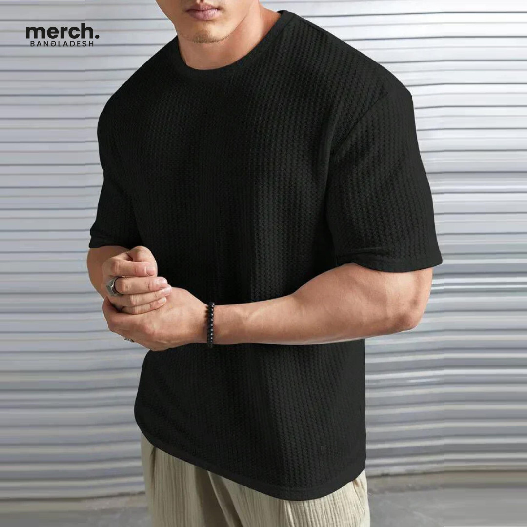 Waffle Knitted Drop Shoulder T-Shirt - BLACK