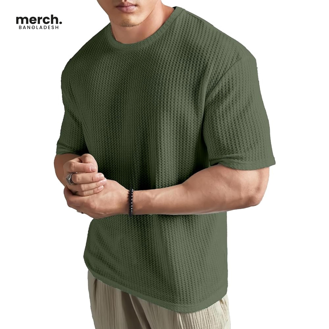 Waffle knitted Drop Shoulder T-Shirt - OLIVE