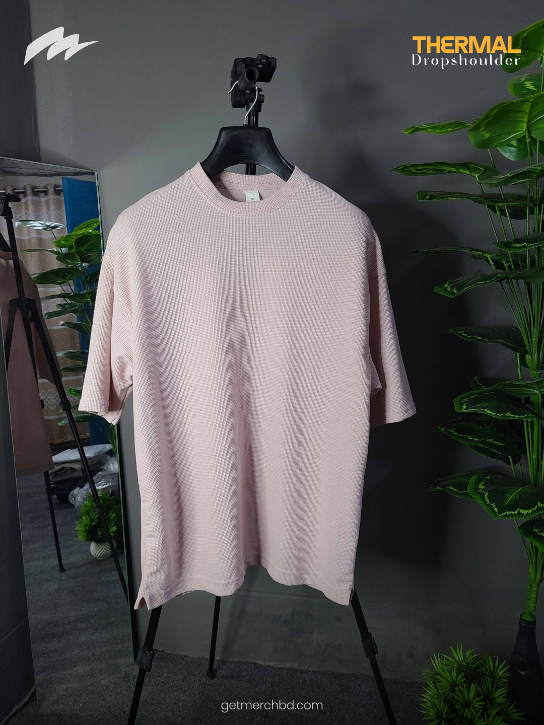 Waffle Knitted Drop Shoulder T-Shirt - Pink