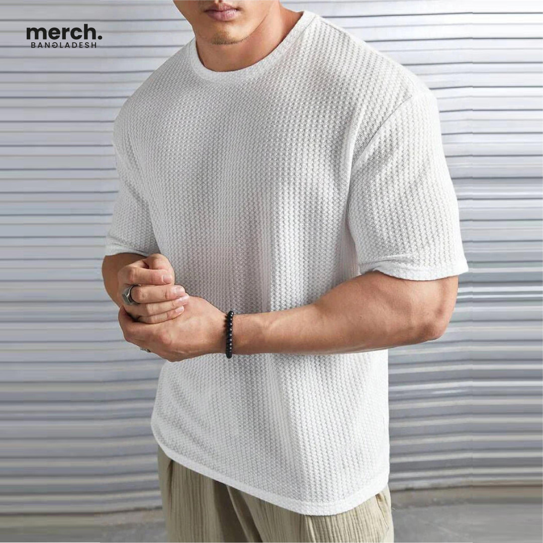 Waffle Knitted Drop Shoulder T-shirt - WHITE