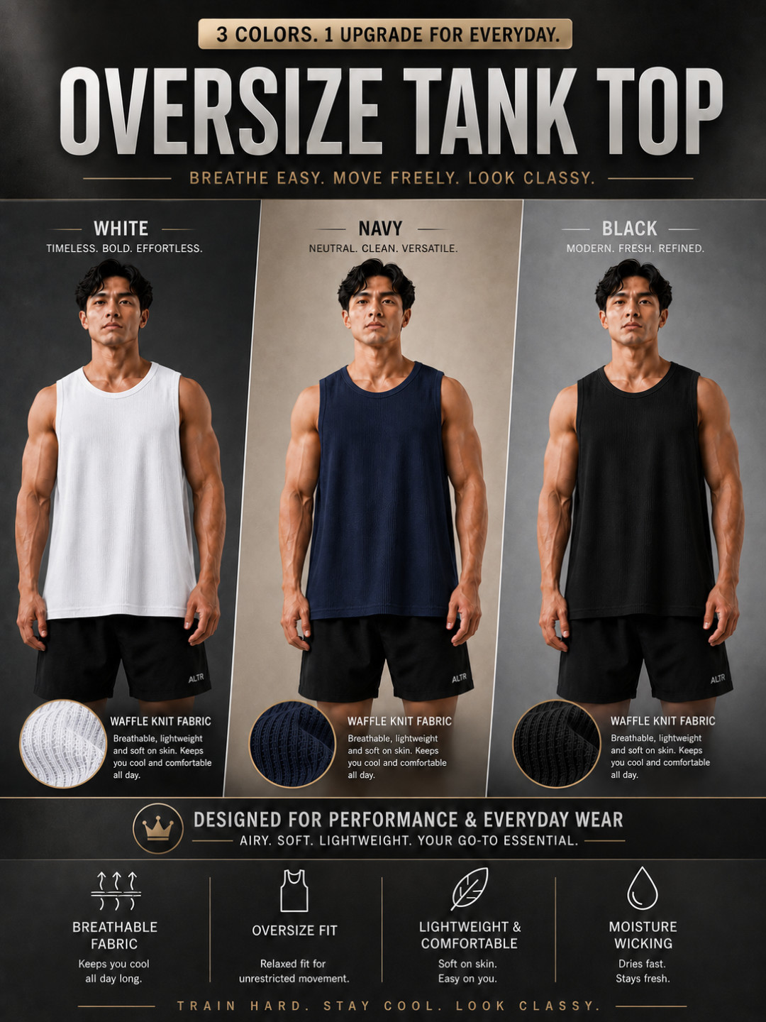 White, Navy, Black - Oversize Tank Top Combo (3 pcs)