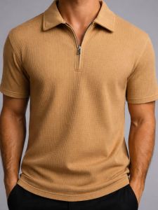 Jacquard Textured Old Money Polo Shirt Zipper Neck - Dark Beige