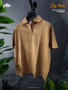 Jacquard Textured Old Money Polo Shirt Zipper Neck - Dark Beige