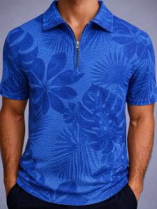 Jacquard Textured Old Money Polo Shirt Zipper Neck - Floral Print Blue