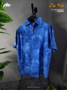 Jacquard Textured Old Money Polo Shirt Zipper Neck - Floral Print Blue