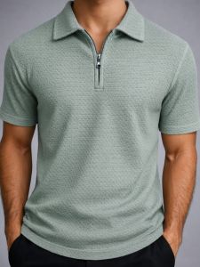 Jacquard Textured Old Money Polo Shirt Zipper Neck - Pista