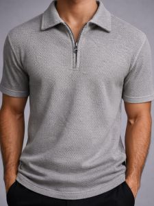 Jacquard Textured Old Money Polo Shirt Zipper Neck - Silver Grey