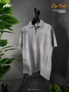 Jacquard Textured Old Money Polo Shirt Zipper Neck - Silver Grey