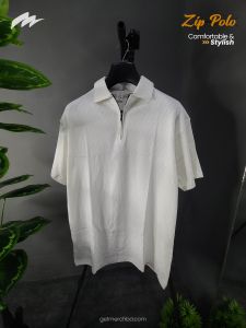 Jacquard Textured Old Money Polo Shirt Zipper Neck - White