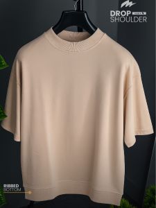 Mock Neck Premium Drop Shoulder T-shirt with Ribbed Bottom - Mist Pink