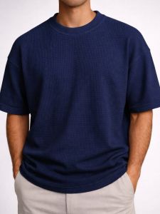 Navy Blue - Cotton Blend Waffle Drop Shoulder Tee
