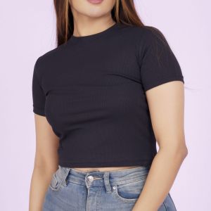 Short Sleeve Ribbed Crop Top - Black