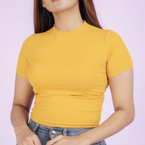 Short Sleeve Ribbed Crop Top - Mustard Yellow