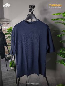 Waffle Knitted Drop Shoulder T-Shirt - Navy Blue