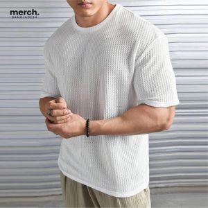 Waffle Knitted Drop Shoulder T-shirt - WHITE