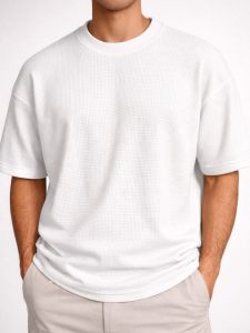 White - Cotton Blend Waffle Drop Shoulder Tee