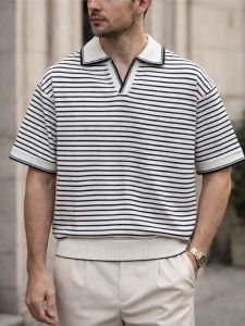White - Stripe Old money Polo (Semi Drop)